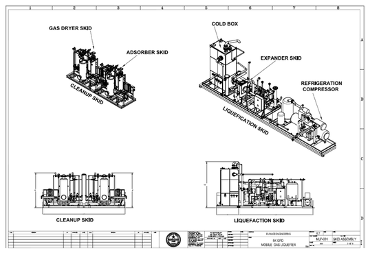 CAD design drawing of the cleanup skid and liquefaction skid assembly